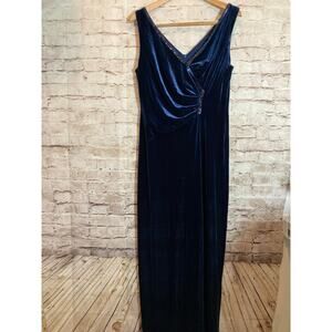Nebiani Maxi Dress Womens 14 Midnight Blue Velvet Beaded Ruched Draped Party